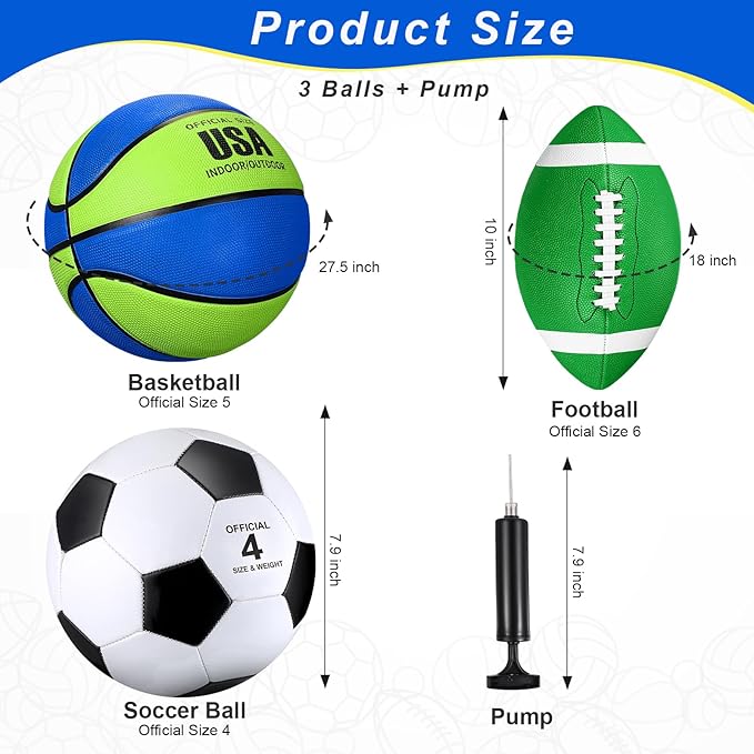 Libima 3 Pcs Sports Ball Set for Kids Teens Include Official Size 5 Basketball 4 Soccer 6 Football with Pump and Carry Bag Training Practice Sport Gift for Kids Teens Back to School