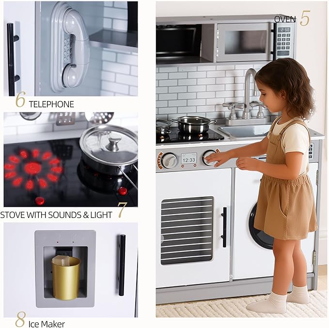 Kitchen Playset, Wooden Toy Kitchen Set with Light, Montessori Pretend Play Toys, Kids Cooking Playset for Girls & Boys Ages 3+