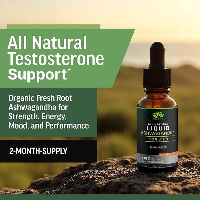 BIOACTIVE Liquid Ashwagandha Supplement Drops - Testosterone Booster For Men* - Adaptogen for Stress Support, Men’s Wellness - Organic, Vegetarian, Gluten Free, Non-GMO, 59 Servings (1 Oz, Unflavored)