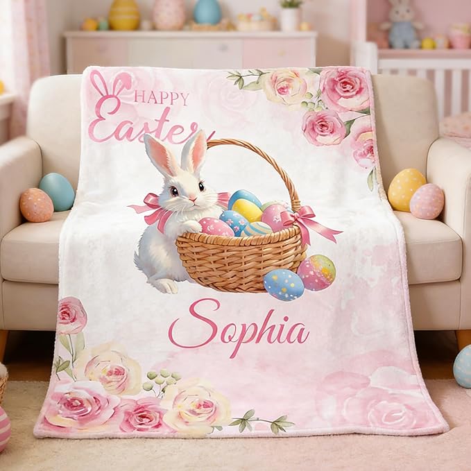 Ships Next Day - Personalized Baby Blanket with Name, Easter Bunny Blanket Gifts for Girls Boys, Custom Flannel Name Blanket, Personalized Easter Gifts for Kids Toddlers