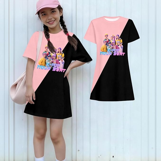 Girl's Anime K-POP Graphic Long Dress T-Shirt - Casual Loose Fit Short Sleeve Top