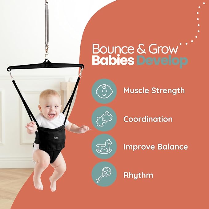 Jolly Jumper Classic (Carbon Black) with Stand - Original Baby Jumper, Indoor and Outdoor Exercise Saddle Seat, Adjustable Height, for Infants up to 28lbs