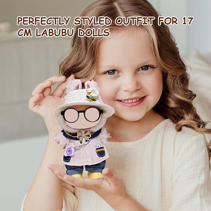 17cm Doll Clothes Set (6-Pcs Outfit), Stylish Clothing for Bunny Doll with Top, Pants, Shoes & Accessories, Just Clothes