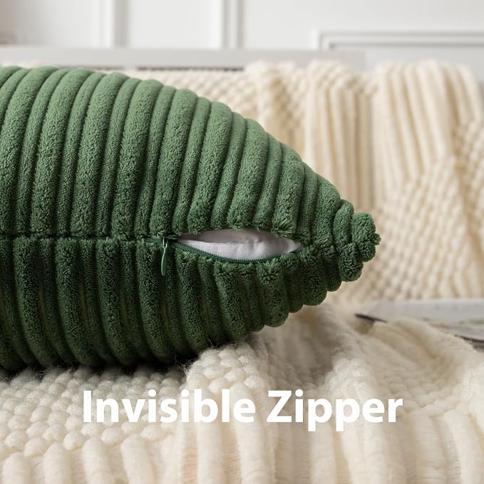 UGASA 14x24 Inch Pillow Cover Pack of 1 Soft Boho Stripe Corduroy Long Rectangular Lumbar Cushion Cover Farmhouse Decorative Throw Pillowcase for Bed, Couch, Sofa, Bedroom, Living Room, Moss Green