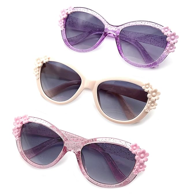 XINB LOOK Kids Sunglasses Girls, Cute Flower Frame Cartoon UV Glasses, Toddler Sunglasses Party Favor for Ages 3-10 (3, Cream-coloured/Transparent pink/Purple)