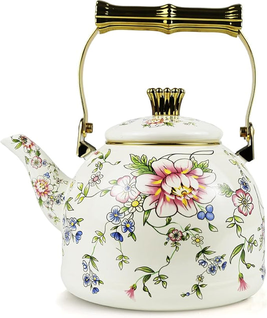 Vintage Enamel Tea Kettle Rose Floral Pattern Stovetop Teapot with Gold Handle, 2.5L Enamel Kettle Kitchen Decor, Ideal Gift for Housewarming Camping Coffee Pot