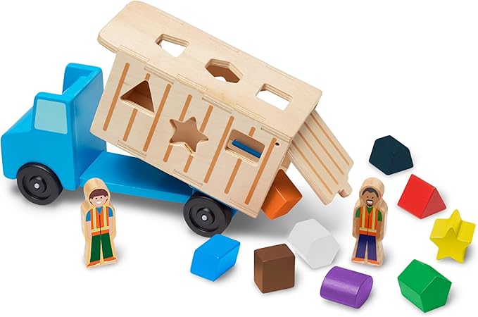 Melissa & Doug Shape-Sorting Dump Truck Wooden Toy with 9 Blocks and 2 Toy Figures - Montessori Toys and Toddler Toys for Preschool Learning Activities