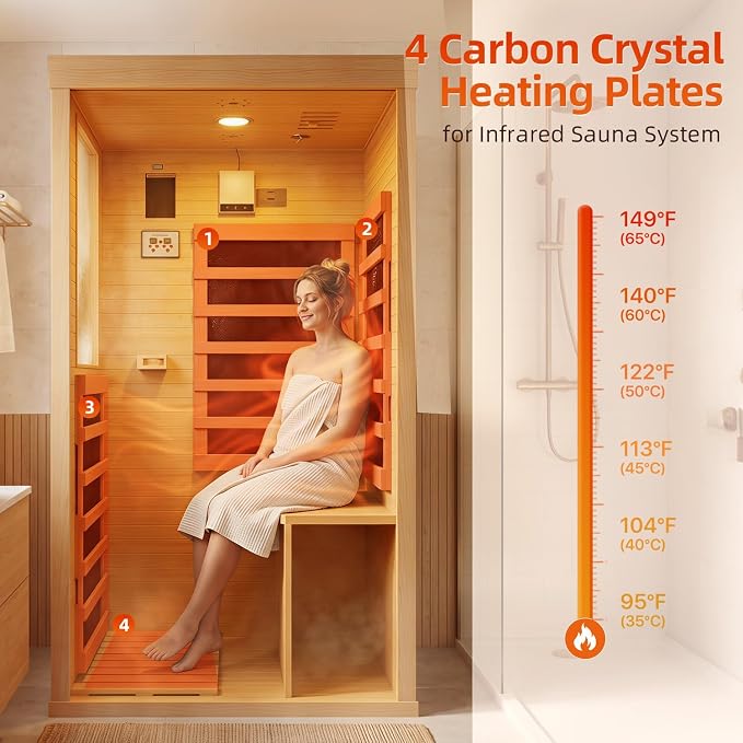 Wood Infrared Home Sauna Room, 1 Person Traditional Indoor Saunas, Canadian Hemlock Dry Sauna Spa for Low EMF with Tempered Glass Door, Bluetooth Speakers and Control Panel, 32.6 x 27.5 x 59.5 Inch