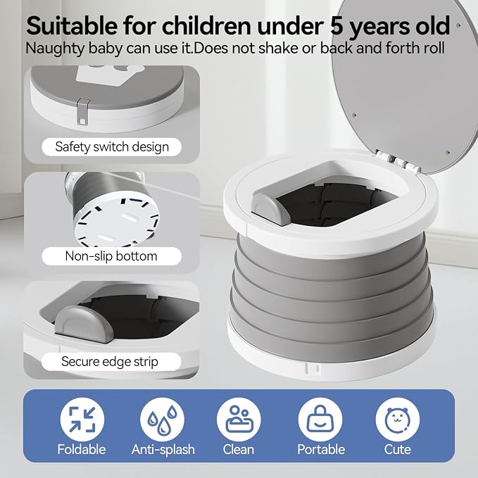 Portable Foldable Toddler Travel Potty - Medium Potty Seat, Emergency Toilet for Car Camping Hiking, Lightweight Potty Chair for Indoor Outdoor Toddler Use (Gray)