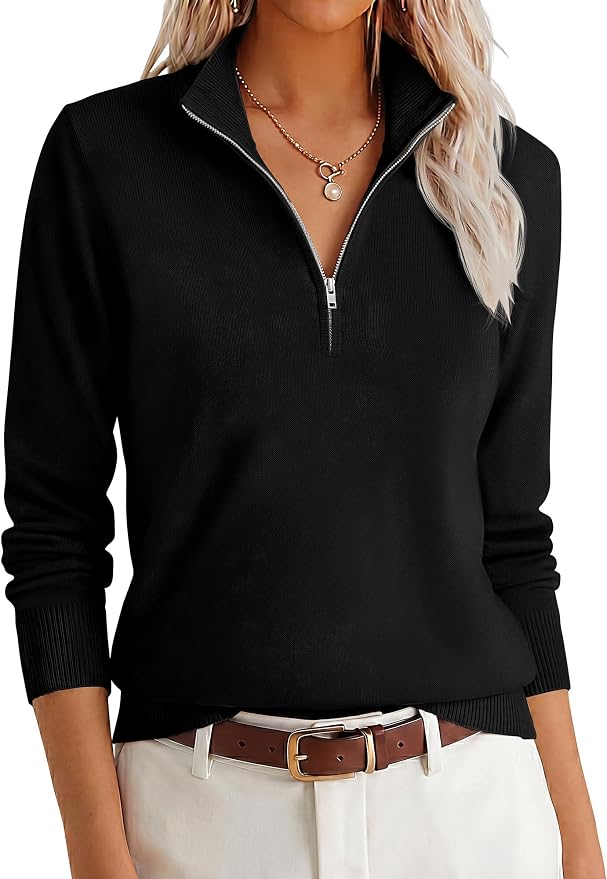 ANRABESS Women Quarter Zip Long Sleeve Fall Pullover Sweater | Soft Knit Fabric Medium Stretch, Business Casual Work Office, Travel Vacation, 2026 Trendy Fashion, Winter Cozy Outfits