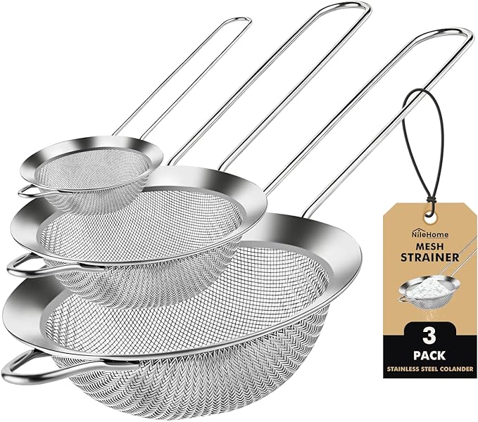 NileHome 3 Piece Mesh Strainers, Stainless Steel Strainer for Sifting, Straining, Cooking Kitchen Strainers Fine Mesh for Flour, Pasta, Loose Tea, Fruit, and Rice, Silver