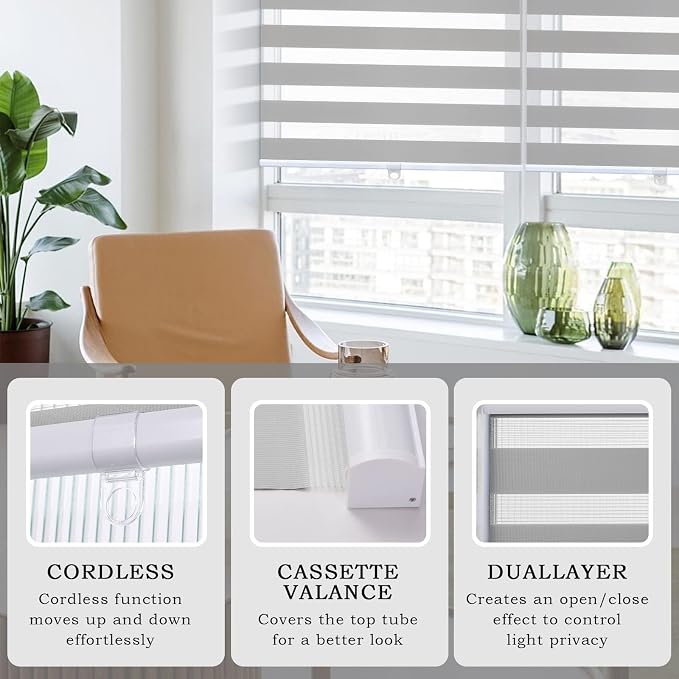 AOSKY Zebra Blinds for Windows Cordless Roller Shades for Home Free-Stop Windows Shades Dual Layer Light Control for Day and Night Easy to Install (49" W X 72" H, Grey)