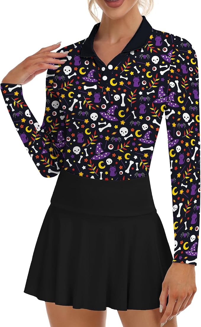Soneven Womens Golf Shirts Moisture Wicking V Neck Long Sleeve Polo Shirts Collared Tops