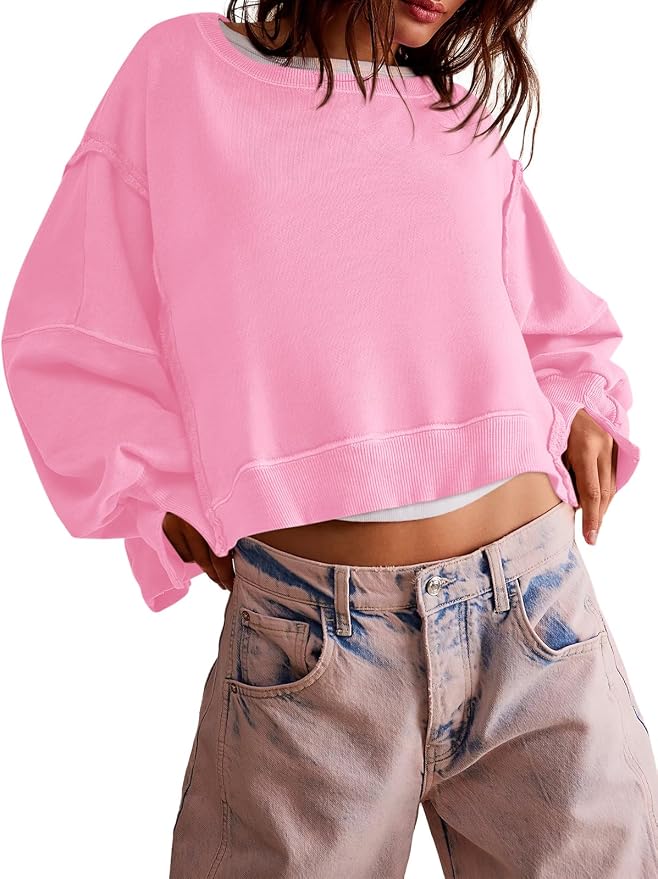 Zwurew Womens Casual Sweatshirt Cropped Shirts | Loose Fit, Tee Top, Pullover, Crop Hem, Design Trim, Daily Tops