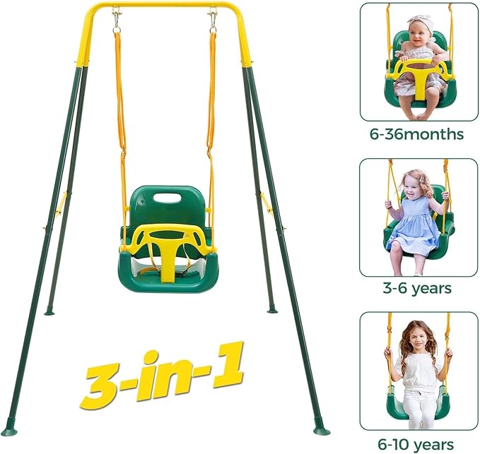 FUNLIO Toddler Swing with Foldable Metal Stand for Toddlers Aged 1~10 Years, 3-in-1 Baby Swing Set with 4 Sandbags for Backyard/Indoor/Outdoor Play, Easy to Assemble & Store, Green