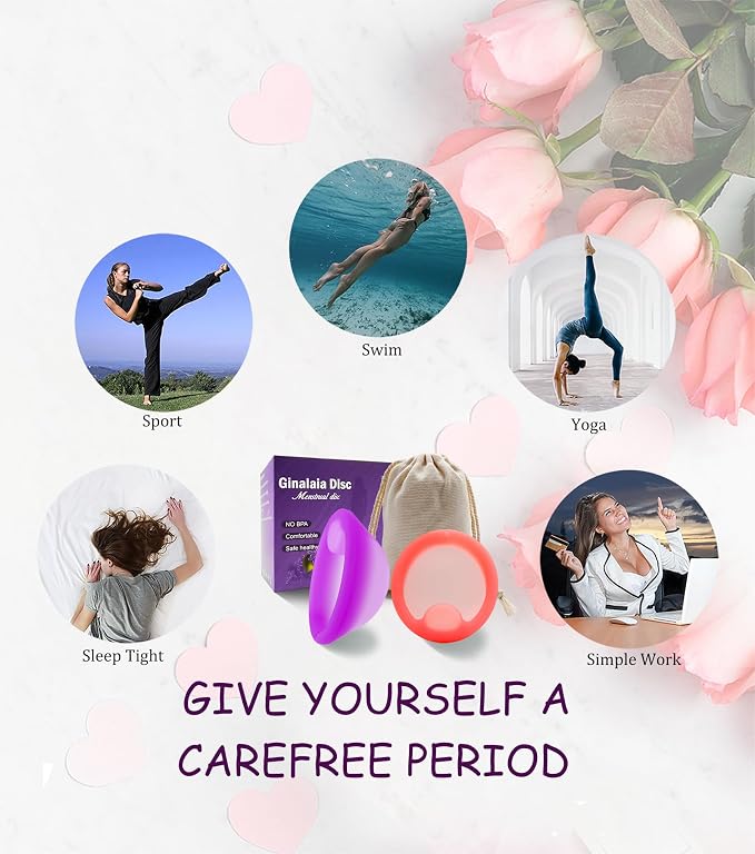 Menstrual Disc, Reusable Medical-Grade Silicone Soft, Flexible, Reusable Period disc for Women - Wear 12 Hours - Removal Notch (Purple+Pink, L+M)