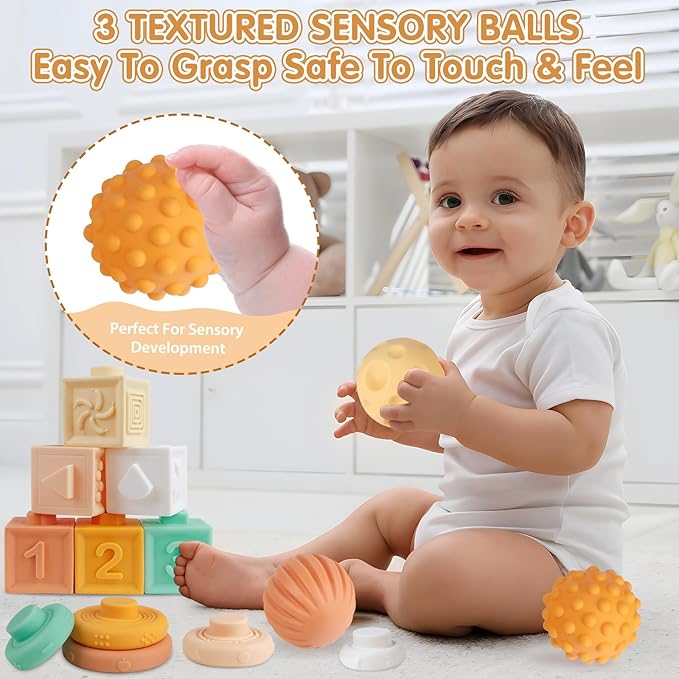 Baby Toys 6-12 Months Montessori Toys 6 in 1 Musical Instruments for Toddler, Stacking Blocks Development Learning Educational Toy with Wooden Xylophone Infant Baby Birthday Gift