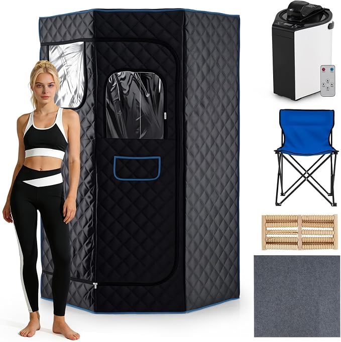 Giantex 3L Portable Steam Sauna, Fast-Heat Large Pentagon Sauna Box for Home, 9-Level Remote Control, 99-Min Timer, Folding Chair, Foot Roller, Mat, 35.5" x 35.5" x 71" Sauna Tent (Black)