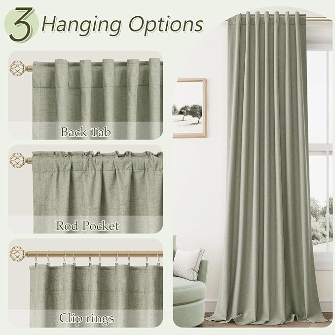 Sage Green 100% Blackout Linen Curtains 42 Inch Wide by 90 Inch for Living Room Bedroom Back Tab/Rod Pocket Thermal Insulated Black Out Drapes Room Darkening Farmhouse Window Curtains