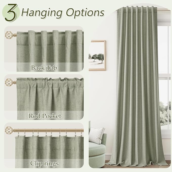Guken 100% Blackout Linen Curtains 98 Inch Wide by 52 Inch 2 Panels Set for Living Room Bedroom Back Tab Thermal Insulated Black Out Linen Drapes Room Darkening Window Curtains, Sage Green