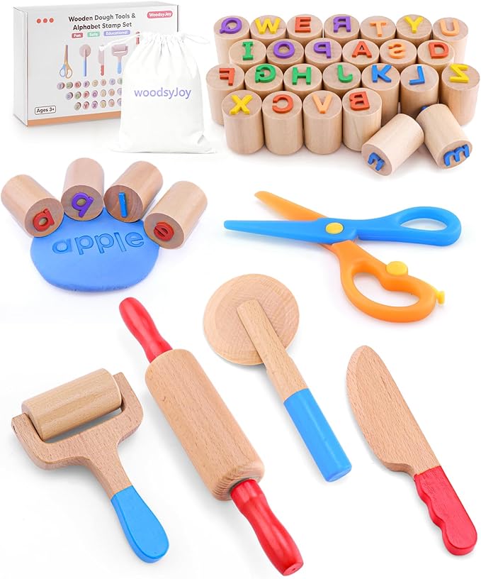 Wooden Dough Tools Kit for Kids, Dough Accessories with Rolling Pins, Pizza Cutter, Safety Scissors & 26 Letter Stamps, Educational Alphabet Learning Toys Gift for Toddlers Ages 3–6