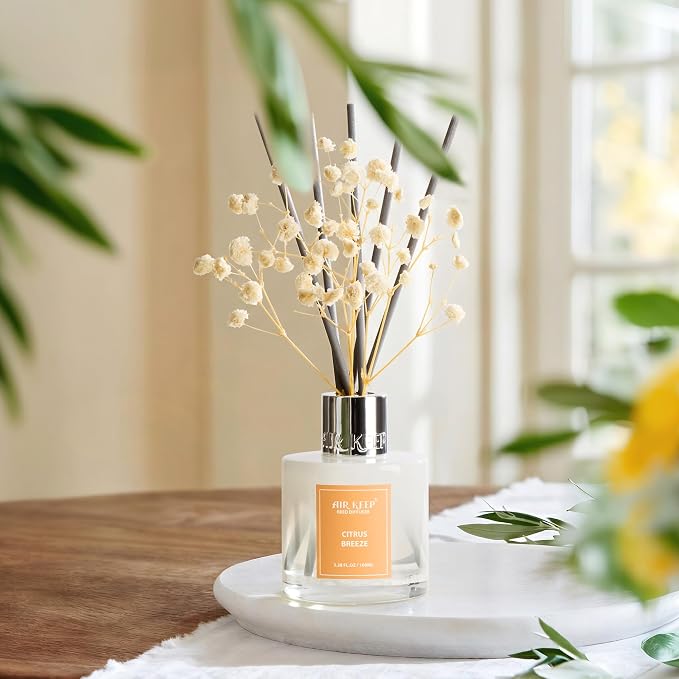 Airkeep Reed Diffuser Set,3.38 fl oz (100 ml) - Citrus Breeze Oil Diffusers with 8 Reed Sticks, Home Fragrance Reed Diffuser for Bathroom Shelf Decor