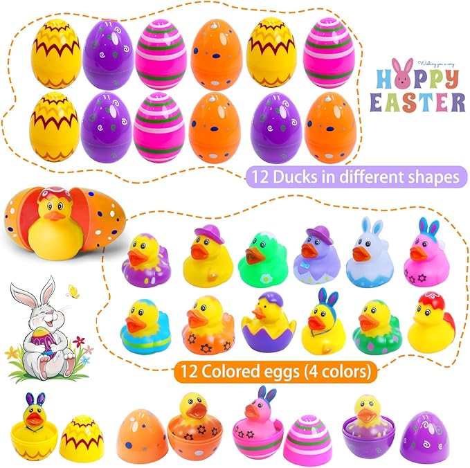 24 Pcs Easter Eggs with Rubber Duck Toys for Kids, Colorful Easter Eggs Filled with Assorted Bunny Rabbit Duckies for Fun Rubber Bath Toys, Easter Basket Stuffers and Party Favors
