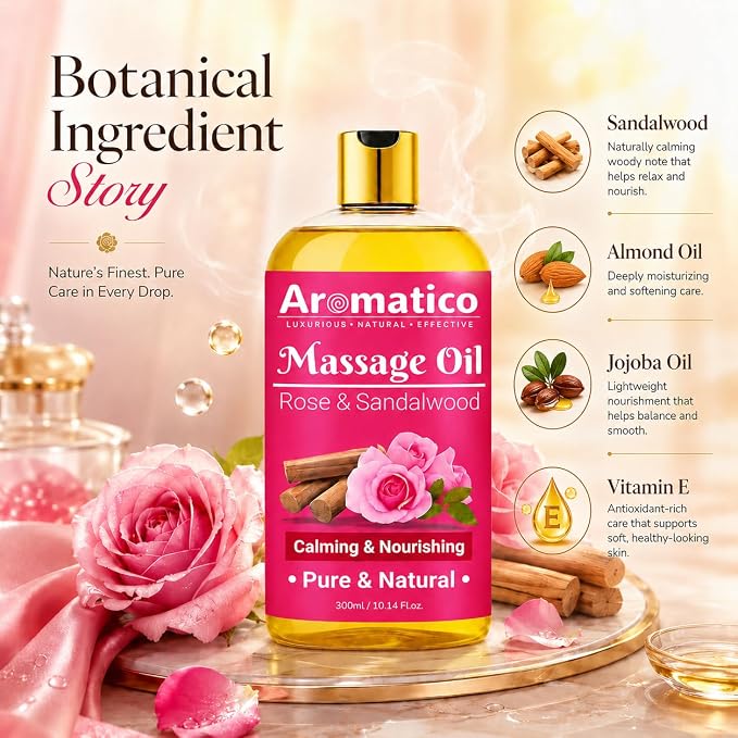Aromatico Rose & Sandalwood Massage Oil for for Men & Women-10.1 fl oz | Lightweight Non-Greasy Body Oil for Massage & Daily Body Care, Fast-Absorbing Moisturizing Oil with Warm Floral Aroma