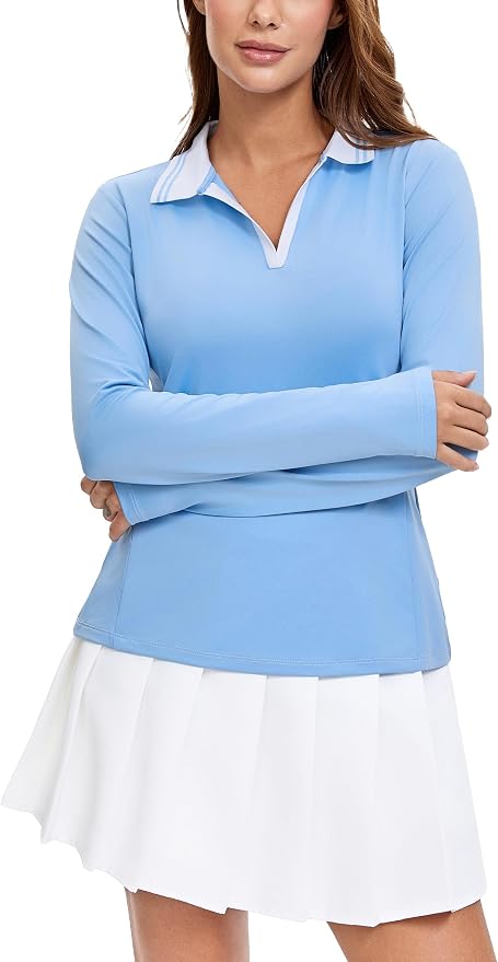 MathCat Womens Golf Shirts, Long Sleeve Polo Shirts Collared V Neck Tennis Shirts Breathable Athletic Tops