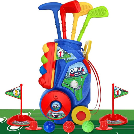 SUPER JOY Toddler Golf Set with Mat, Kids Golf Cart with 4 Clubs & 8 Balls, Indoor Outdoor Golf Toys for Boys Girls, Mini Golf Birthday Gifts for Baby 3-5 Years Old