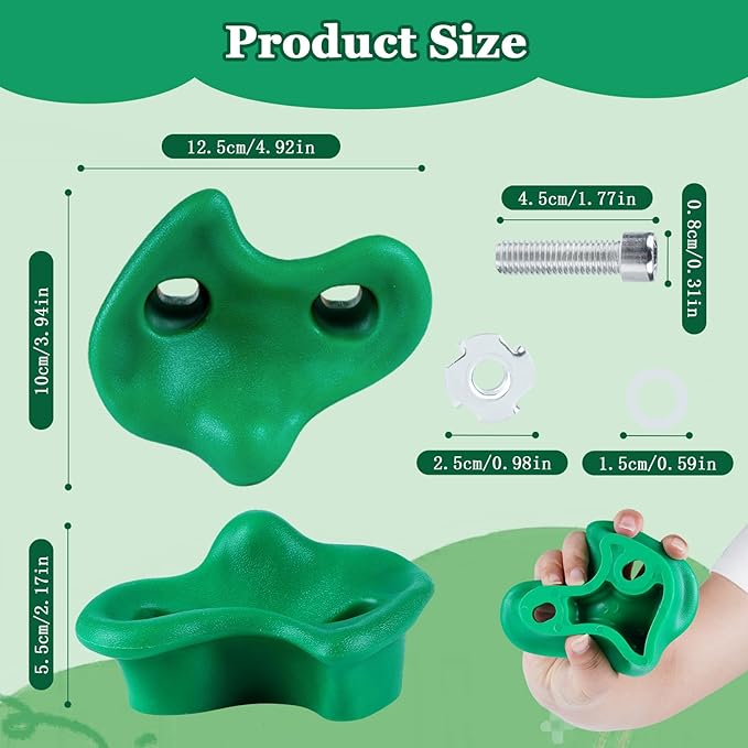 10PCS Green Rock Climbing Holds, Rock Climbing Wall for Kids, Extra Large Size Climbing Rock Wall Grips with Mounting Hardware and Wrench for Indoor Outdoor Playground, Installed on Wooden Board