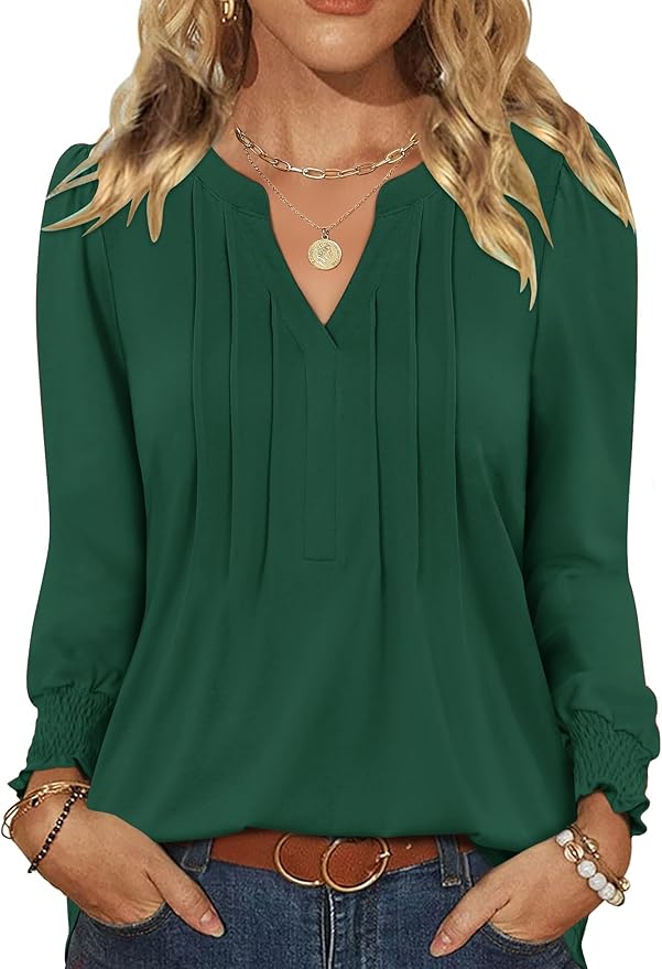 LOMON Womens Tops Dressy Casual Pleated Ruffle Long Sleeve Tunics Tops to Wear with Leggings V Neck Work Blouse