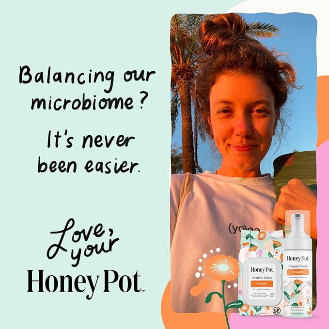 The Honey Pot Company - Feminine Wipes - Prebiotic - Herbal Infused w/Aloe Vera, Apple Cider Vinegar, & Probiotics - pH Balanced - Feminine Care for Sensitive Skin - Cleansing Wipes for Women - 30ct