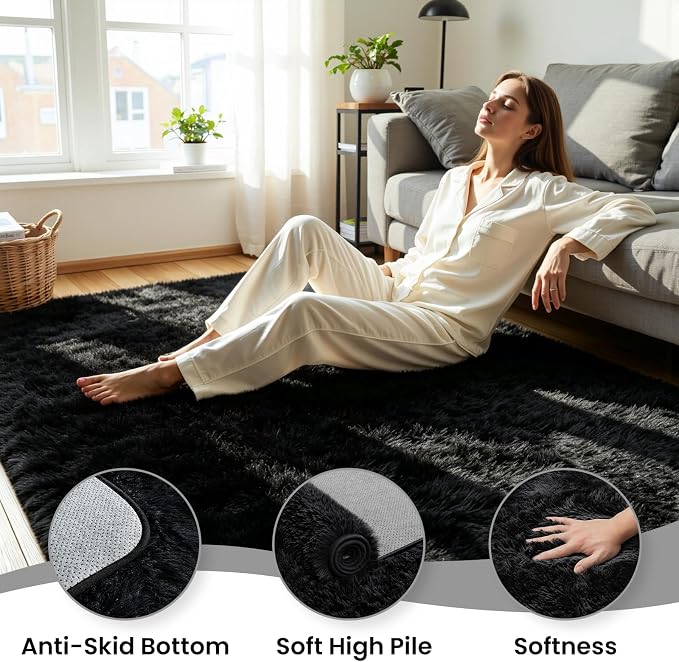 8x10 Area Rug for Living Room, Ultra Soft Fluffy Black Rugs for Bedroom, Non Slip Large Shag Carpet, Fuzzy Plush Nursery Rug, Thick Washable Indoor Floor Carpets for Kids Office Dorm Home Decor