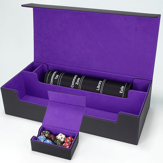 AFIING Mtg Deck Box Holds 5 Display Card Deck Boxes with Mtg Playmat & Dice Box,10 Dividers,1Card supporter, Trading Card Storage Box for Magic Yugioh Sports Cards (Black &Purple)
