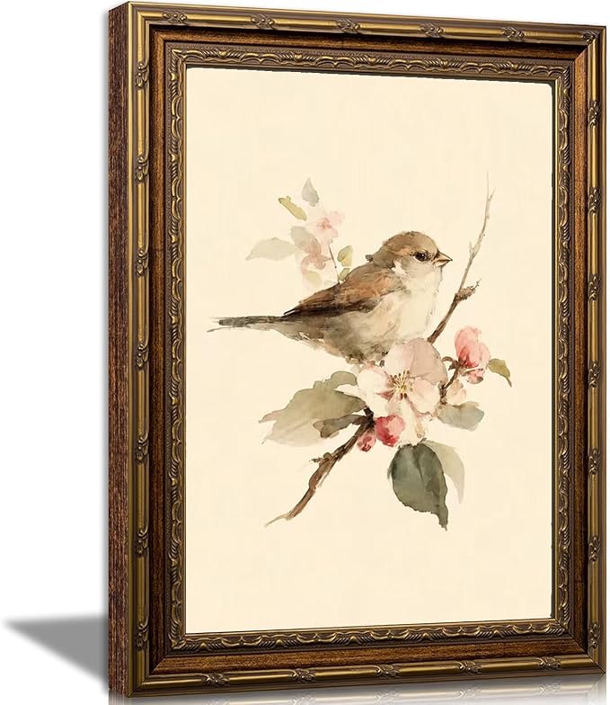 Gold Framed Bird Wall Art, Vintage Sparrow and Blossoms Canvas, 12x16in | Beige sparrow artwork with neutral vintage style for bedroom, nursery, kitchen, classroom, hallway, or living room.