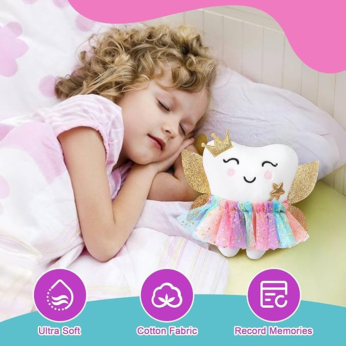 G.C Kids Tooth Pillow Toys Boys Girls Tooth Holder Teeth Fairy Stuffed Animal Plush Toy with Wings Pocket Tooth Notepad Felt Keepsake Wallet Pouch Gifts