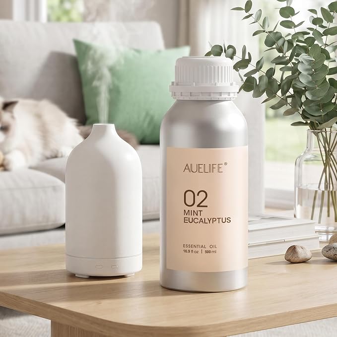 Auelife 16.9oz (500 ml) Mint & Eucalyptus Essential Oils for Diffusers for Home, Large Aluminum Bottle Fragrance Oil for Candle & Soap Making, Aromatherapy Oil for DIY Scents & Home Fragrance