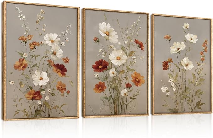 BINCUE Vintage Flower Wall Art Framed Rustic Wildflower Artwork Neutral Botanical Wall Decor Mid Century Floral Painting Farmhouse Daisy Prints for Living Room Bedroom Office 24" Lx36 W Set of 3
