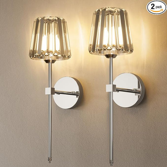 Crystal Battery Operated Wall Sconces Set of 2, Chrome Rechargeable Wireless Wall Lights with Crystal Lampshade, 12 RGB and 3CCT Dimmable Wall Lamps with Remote for Bedroom Living Room Hallway
