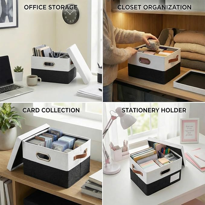 Storage Bins with Lids [3-Pack] Linen Fabric Foldable Storage Boxes Organizer Containers Baskets Cube with Cover for Bedroom Closet Office Black & White（11.4X8.6X6.7
