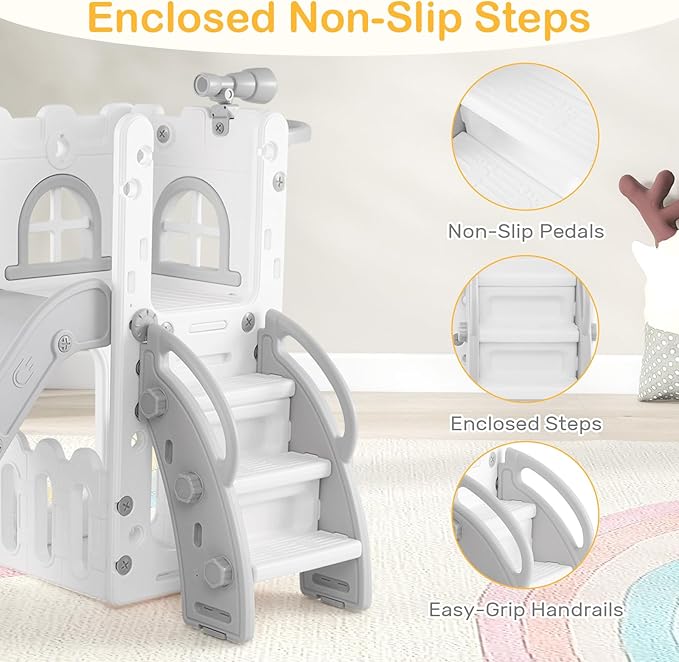 OLAKIDS Toddler Slide, 6 in 1 Kids Indoor Outdoor Playground with Climber Basketball Hoop Telescope Toy Storage for Boys Girls Aged 1+ (Grey, 27'')