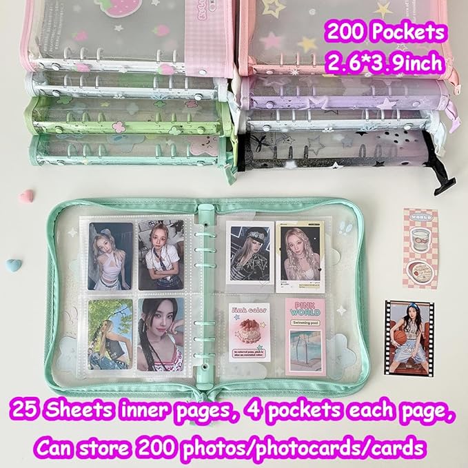 Kpop Photocard Binder Kpop Photocard Holder Book with Kpop Photocard Korean Stickers, A5 Binder Photocard Album 25 Inner Pages with 200 Pockets 6 Ring Photocard Binder Kpop (Purple Star)