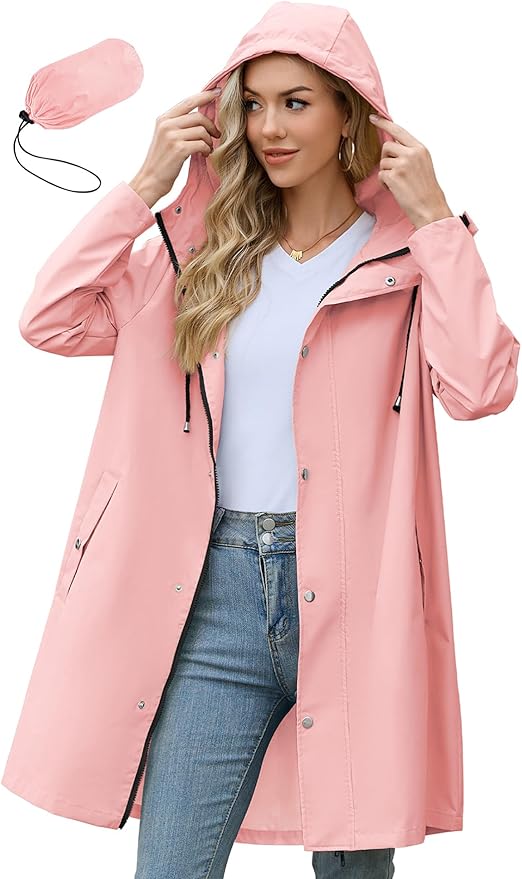 Zando Long Packable Rain Jacket Women Waterproof Raincoat with Hood | Relaxed-Fit Lightweight Windbreaker for Women; Travel Rain Coats for Commute, Hiking, Cruise, and Daily wear