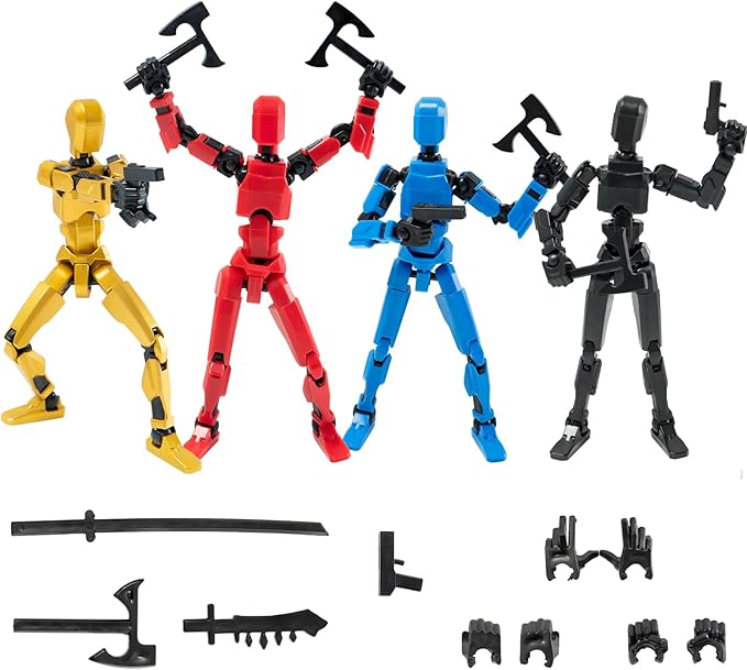 4PCS Robot Fidget Toys for Kids,Titan 13 Action Figures Set, Lucky Dummy T Nova N 13 Action Stick Figure Sensory Toys for Boys (Golden+Black+Red+Blue)