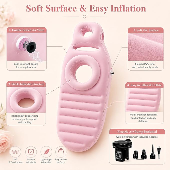 Inflatable Pregnancy Pillow, Full Body Ergonomic Maternity Air Bed with Belly Space for Prone Comfort & Better Sleep, Back & Hip Relief, Ideal for Bedroom, Living Room, Pool, Massage & Spa (Pink)