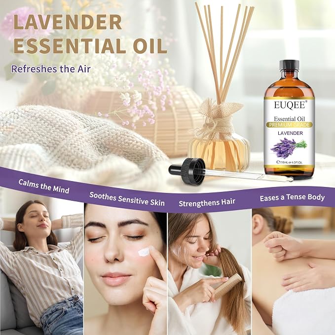 EUQEE Lavender Essential Oil 118mL Lavender Oil Large Capacity Essential Oil with Glass Dropper for Diffuser, DIY Candle - 4Fl. Oz