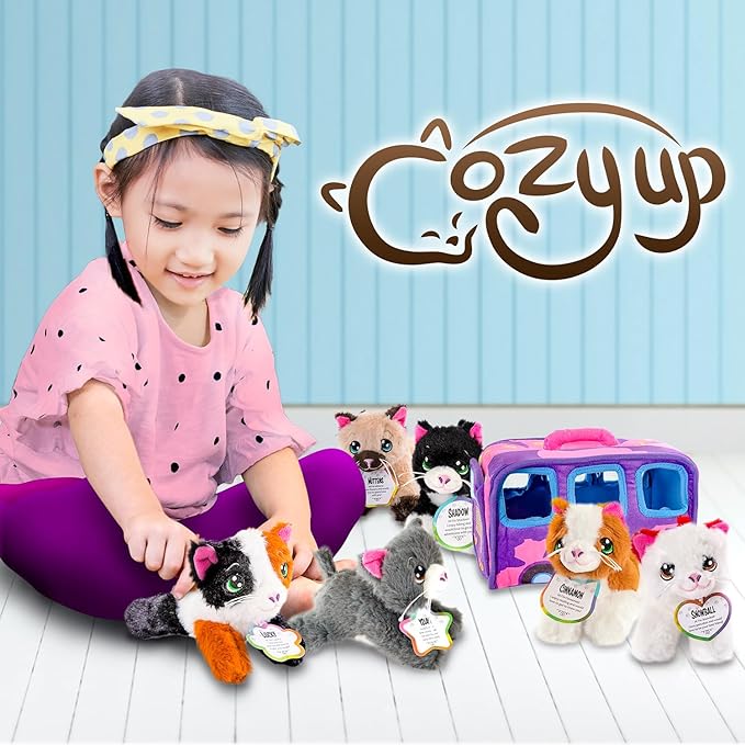 ArtCreativity 7-Piece Plush Cat Set, 6" Stuffed Animals Assortment with Carrier Bus, Cute Small Toys for Girls, Kitty Toys, Classroom, Birthday Gifts Soft Plush Kittens