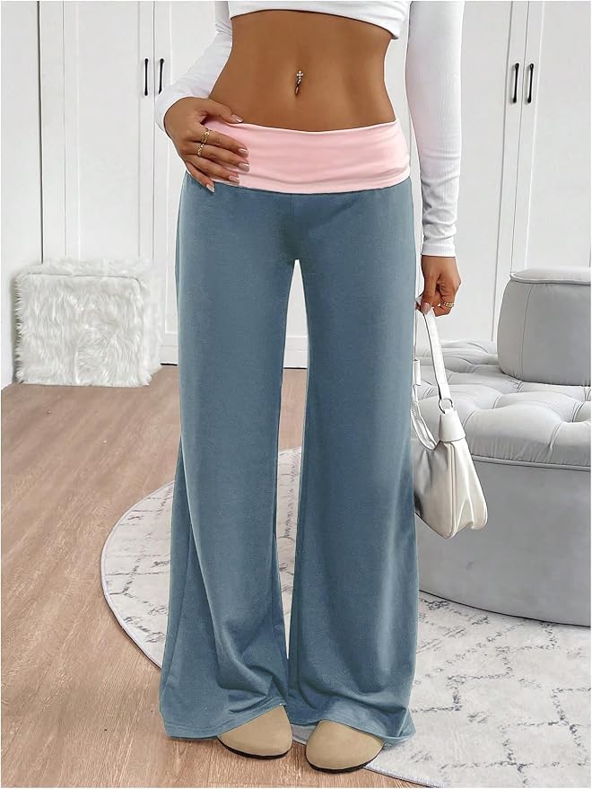 SOLY HUX Women's Sweatpants Color Block Low Rise Fold Over Waist Baggy Wide Leg Pants