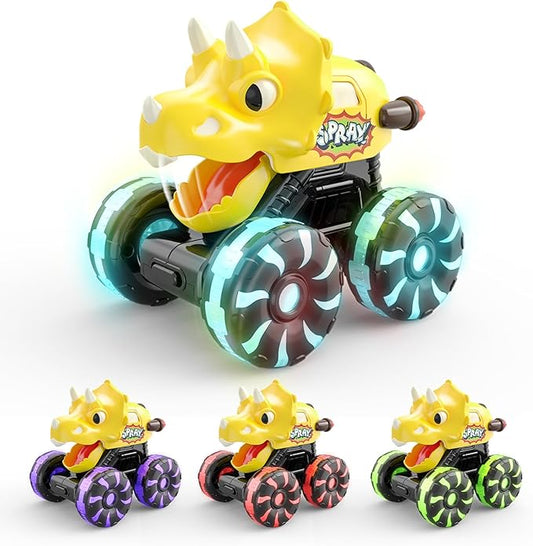 Yellow Triceratops Dino Monster Truck – Toddler Push Car Toy with LED Wheels – Press & Go Dinosaur Toy Vehicle for Kids Ages 2 3 4 5 – Chomping Mouth Light-Up Action Toy for Boys Girls
